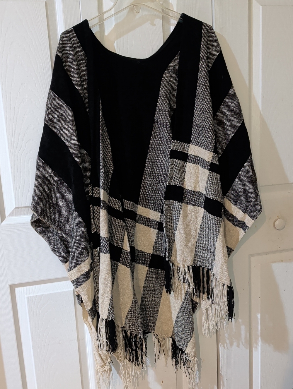 Black and Cream Plaid Women's Fringe Sweater Poncho